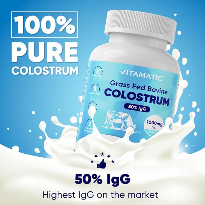 Vitamatic Bovine Colostrum Supplement 1000 mg per Serving - 50% Highest IgG - Supplement for Gut Health Hair Growth Beauty Muscle Recovery &amp Immune Support - 120 Capsules