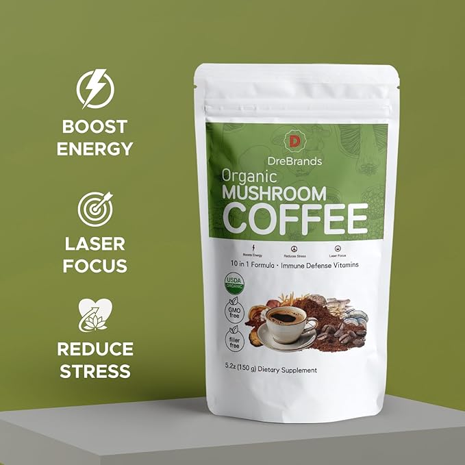 DreBrands Mushroom Coffee |10 in 1 Organic Mushrooms | USDA Organic | Instant Coffee | Wood Ear | Better Energy Focus Digestion Immunity | Shiitake Lion’s Mane Turkey Tail | 15 Servings