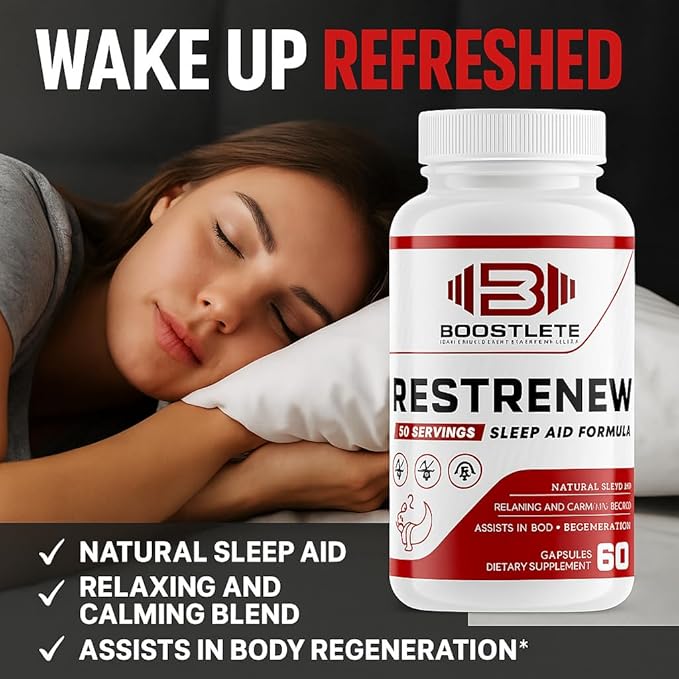 RestRenew Natural Sleep Aid - Supports Deep Sleep Relaxation Stress Relief and Mood Balance | Melatonin Chamomile L-Theanine &amp More | Non-Habit Forming Non-GMO | 60 Capsules