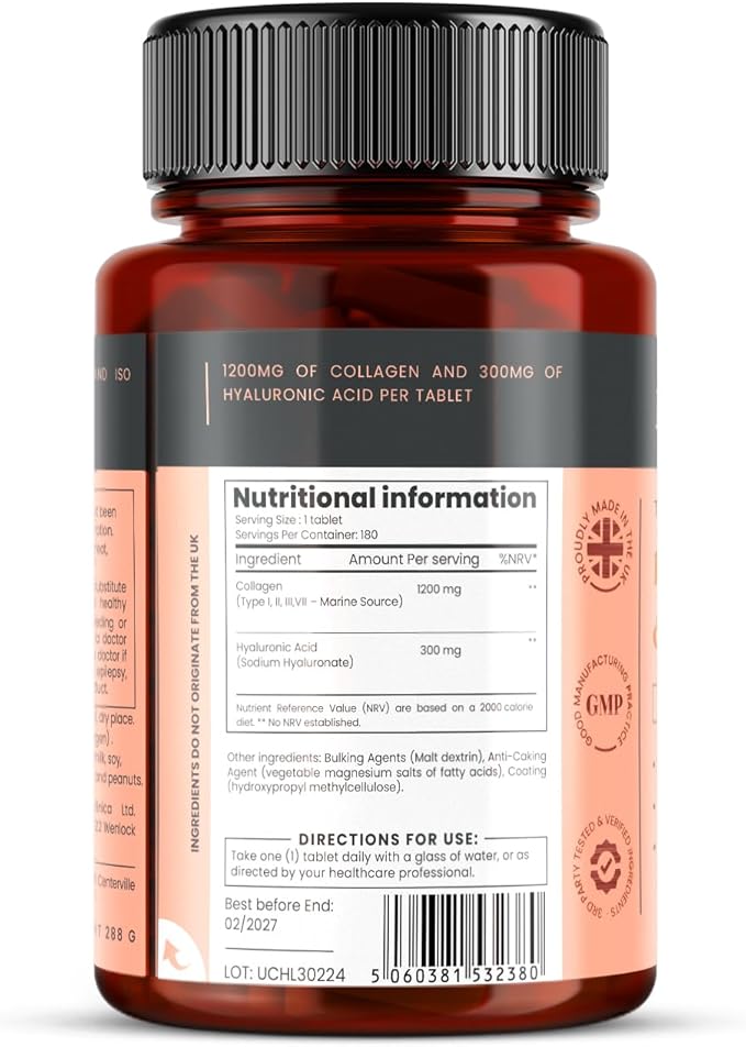 pureclinica Triple Strength Marine Collagen &amp Hyaluronic Acid – 1500mg per Tablet | 720 Tablets (4 Bottles of 180) | Supports Skin Joints &amp Hydration