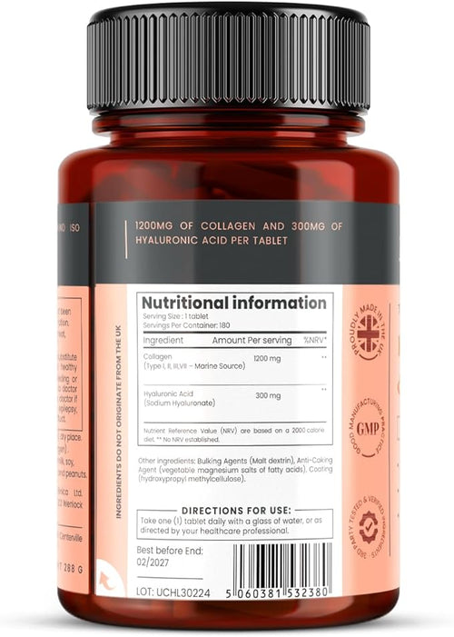 1500mg x 1080 Tablets. 1200mg of UltraColl Collagen &amp 300mg of Hyaluronic Acid per Tablet. (6 Bottles of 180 Tablets Each - 18 Months Supply)