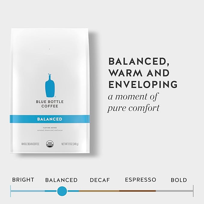 Blue Bottle Whole Bean Organic Coffee Balanced Medium Roast 12 Ounce bag (Pack of 6)