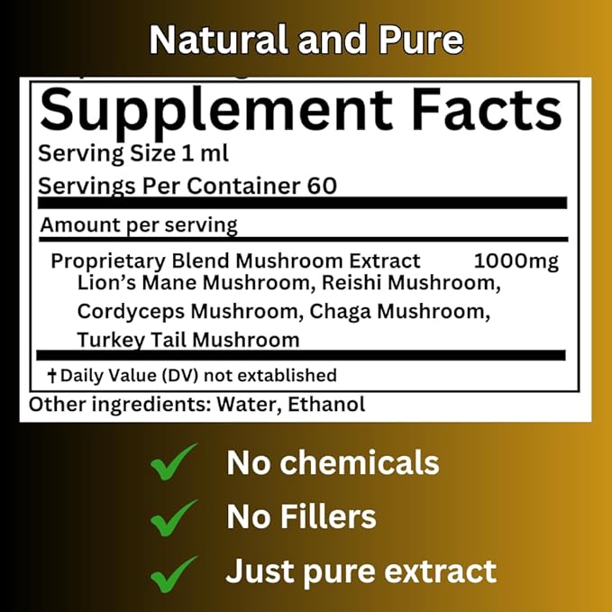 Daily Routine Mushroom Tincture High Potency Double Extracted 60 Daily Doses Blend of Lion's Mane Cordyceps Reishi Turkey Tail and Chaga