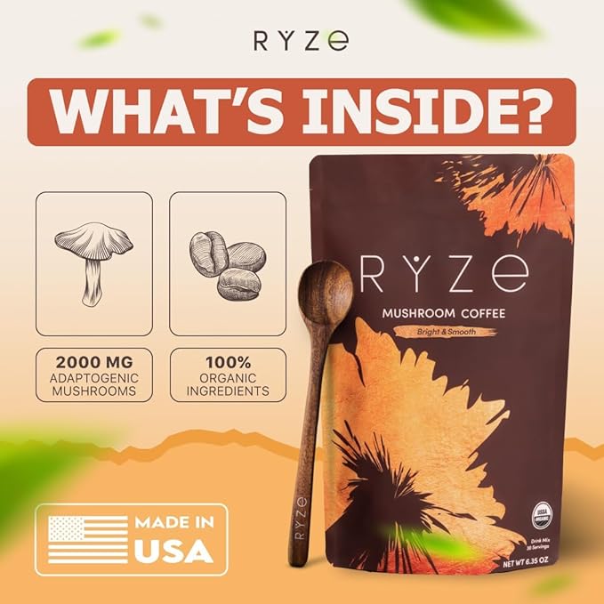 RYZE SUPERFOODS Mushroom Medium Roast Coffee Starter Kit USDA Organic Instant Coffee with 6 Adaptogenic Mushrooms and for Energy Focus Digestion Immunity with Lions Mane &amp Turkey Tail 60 Servi
