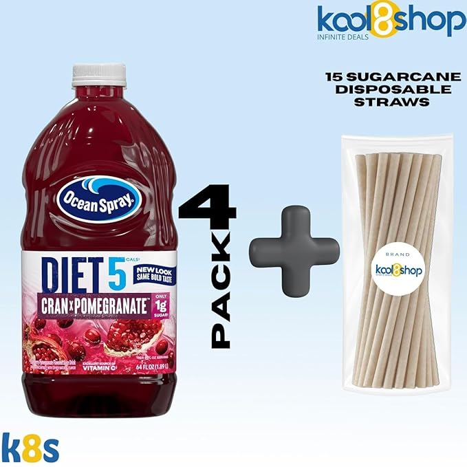 Ocean Spray Diet Cran Pomegranate Juice Drink 64 fl oz Plastic Bottle 4 Pack + 15 Sugarcane Disposable Straws by KOOL8SHOP Infinite Deals