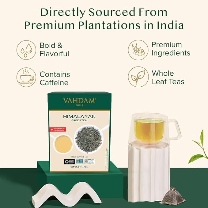 VAHDAM Green Tea Leaves From Himalayas 170+ Cups (12oz) High Elevation Grown Green Tea Leaves From Himalayas | Pure Unblended Single Origin Green Loose Leaf Tea | Vacuum Sealed