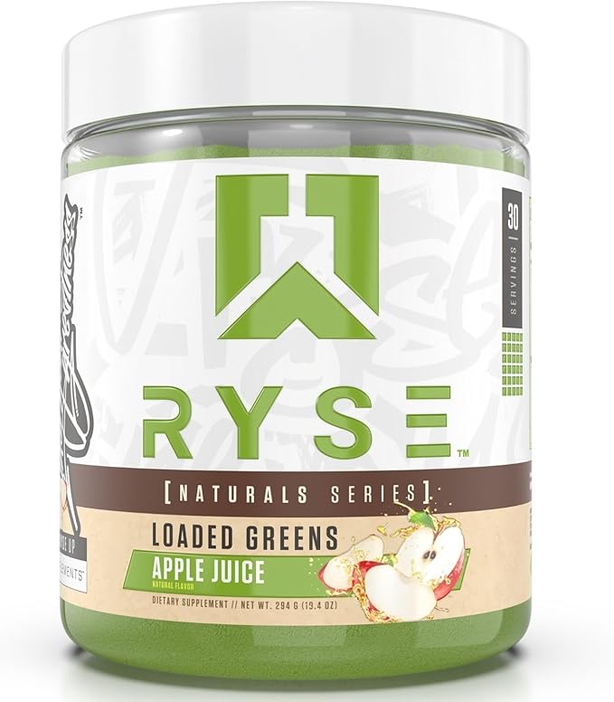 RYSE Loaded Greens Superfood Powder - Apple Juice - Daily Supplement with Greens Balance BettaBerries &amp Sukre Fiber - Supports Digestion Immunity &amp Energy - No Artificial Sweeteners - 30 Ser