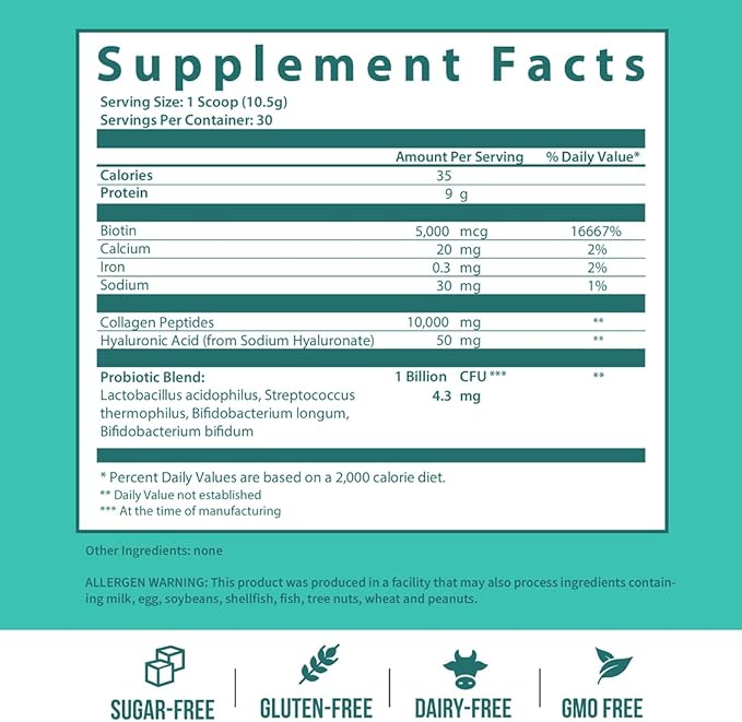 GOBIOTIX Collagen Powder Supplement with Probiotics - Hydrolyzed Protein Collagen Powder for Women - Hair Skin and Nails Joint and Digestive Health - Collagen Peptides Type I and III - 30 Servings