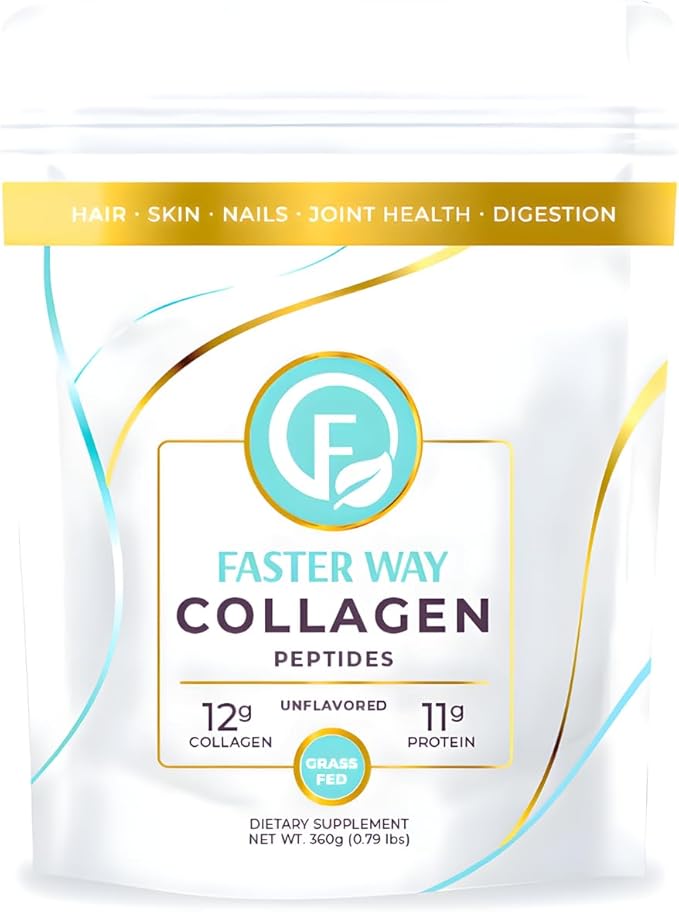 Faster Way - Collagen Peptides - 12g Hydrolyzed Collagen + 11g Protein Per Serving - Hair Skin &amp Nails - Amino Acids - Grass-Fed - Sugar Gluten &amp Dairy Free - Non-GMO -Unflavored Powder -30