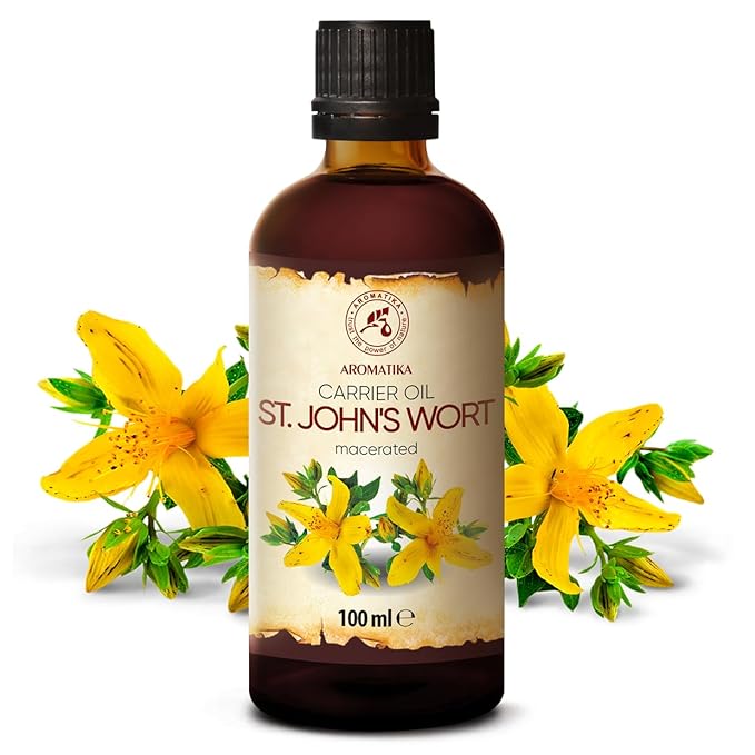 AROMATIKA St Johns Wort Infused Oil 3.4 Fl Oz - 100ml - Hypericum Perforatum - 100% Pure &amp Natural - St. John's Wort Oil for Intensive Care Face - Body - Skin - Hair - Massage - Great w/Essential