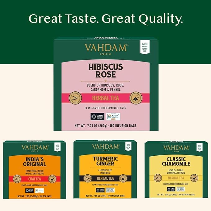 VAHDAM Hibiscus Rose Tea Bags - 100% Whole Hibiscus Flowers Herbal Tea Bags (100 Count) With Rose Chamomile &amp Exotic Spices | Caffeine Free Floral Flavor Tisane | Resealable Ziplock Pouch