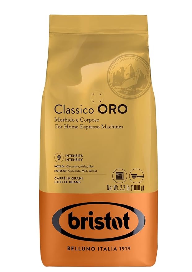 Bristot Classico Oro Italian Espresso Beans – Imported Italian Whole Coffee Beans – Medium Roast – Low Acid – Notes of Chocolate Malt &amp Walnut – 2.2 lb – 1 kg
