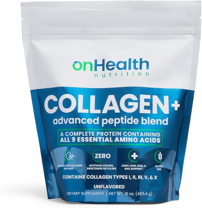 onHealth Multi Collagen Peptide Powder Types I II III V &amp X Complete Protein with All 9 Essential Amino Acids Biotin Hyaluronic Acid &amp Vitamin C Unflavored Easy‑Mix Collagen for Women &am
