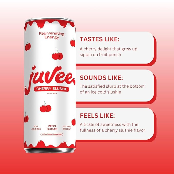 Juvee Rejuvenating Energy Drink Bundle – Blue Raspberry &amp Cherry Slushie 12 oz Cans Pack of 12 Each – Sugar Free 128 mg Natural Caffeine per Can Zero Sugar Low Calorie Clean Energy &amp Men