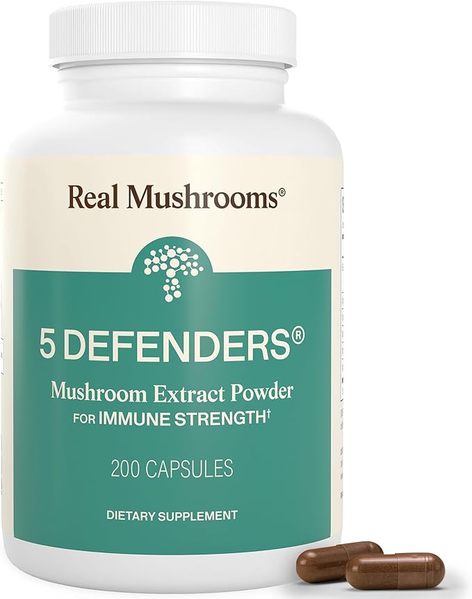 Real Mushrooms 5 Defenders Mushroom Complex – Organic Adaptogenic Mushroom Blend with Chaga Reishi Turkey Tail Maitake &amp Shiitake for Wellness Support - Mushroom Beta Glucan Capsules - 200 Coun