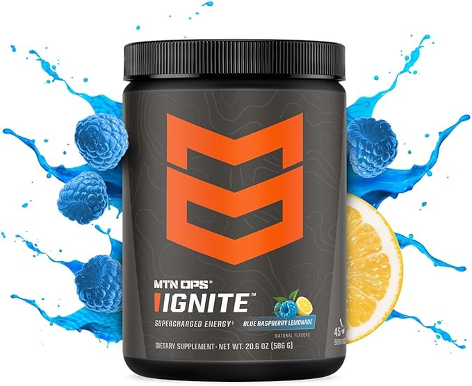 MTN OPS Ignite Sugar Free Energy Drink Powder with 200mg Caffeine Nootropic Blend for Energy Focus &amp Endurance L Arginine &amp L Citrulline Pre Workout 45 Servings Blue Raspberry