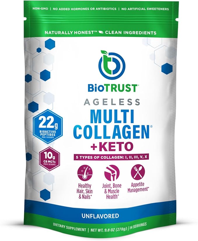 BioTrust Multi Collagen Protein Powder + Keto MCT Oil – 5 Types (I II III V X) &amp 100% Caprylic Acid C8 - Support Elevated Ketones Metabolism Joints &amp Beauty All in 1 Collagen Powder (Unf