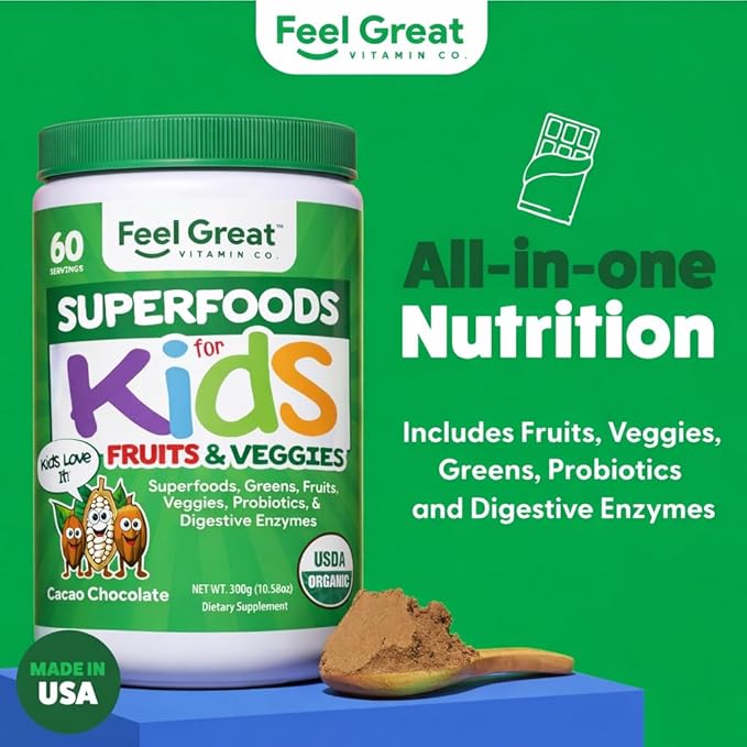 Feel Great USDA Organic Super Greens Powder for Kids - Cocao Chocolate | Fruit &amp Veggie Supplement | Superfood Powder with Probiotics &amp Digestive Enzymes for Digestive Health | 60 Days Supply