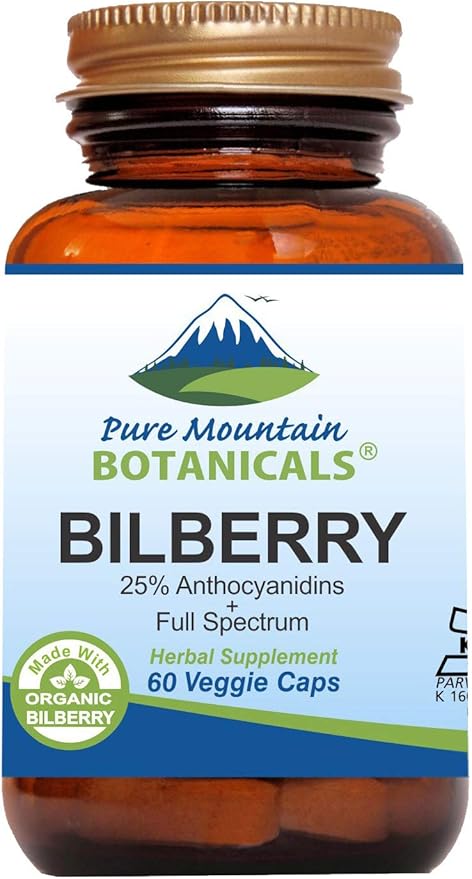 Pure Mountain Botanicals Bilberry Extract Supplement Vegan Kosher Capsules with 250mg Organic Bilberry Leaf &amp 50mg Potent Extract of Billberries