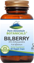 Pure Mountain Botanicals Bilberry Extract Supplement Vegan Kosher Capsules with 250mg Organic Bilberry Leaf &amp 50mg Potent Extract of Billberries