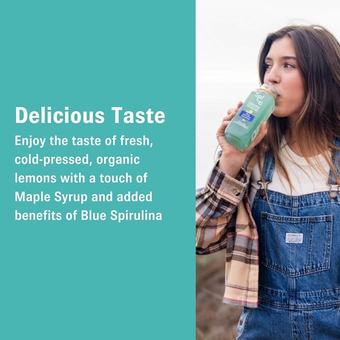 Organic SuperAde Hydration Drink Boosts Memory SuperFood Lemonade by Sol-ti Cold-Pressed Blue Spirulina and Lemon Juice Blend 16 Pack (14.9 Fl oz)