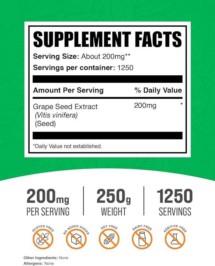 BulkSupplements.com Grape Seed Extract Powder - Antioxidant Supplement Herbal Supplement - Vegan &amp Gluten Free 200mg per Serving 250g (8.8 oz) (Pack of 1)