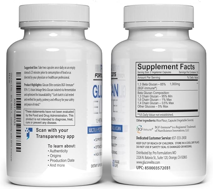 Glucan Elite – 85% Beta 13D Glucan 500mg - 60 vcaps | 85% Minimum Active 13 Linkage Ultra-Potency Beta Glucan – Highest Bioavailability with BGF-Immune (Pack of 3)