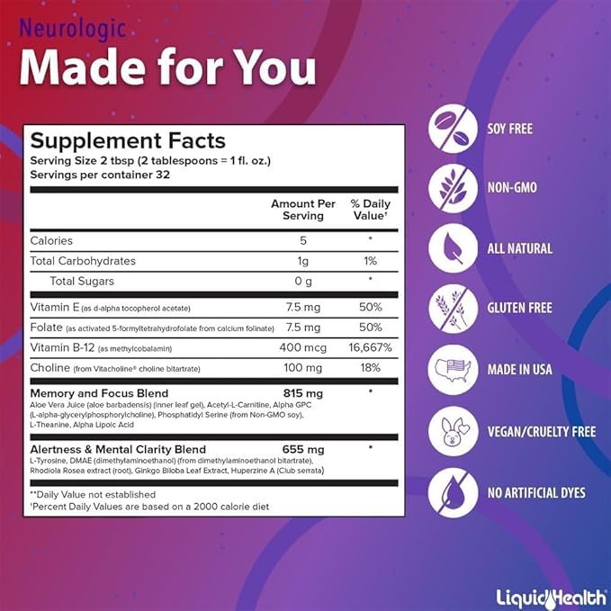 LIQUIDHEALTH Neurologic Focus Supplement - Brain Booster Nootropic Supplement for Cognitive Function Memory &amp Focus with Ginkgo Biloba Choline L-Theanine &amp Phosphatidylserine - USA Made (3