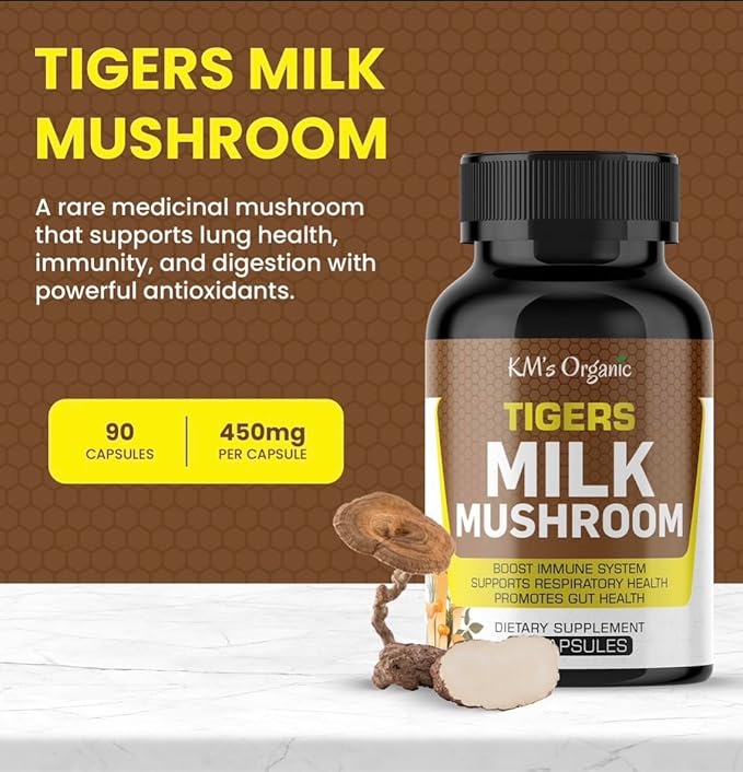 KM's Organic Tiger’s Milk Mushroom Supplement 10:1 Extract (Lignosus Rhinocerus) – Respiratory &amp Immune Support Gut Health – 450 mg 90 Vegan Capsules
