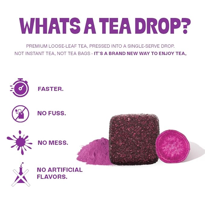 Tea Drops 30 Bulk Pack Organic Ube Bagless Tea - Loose Leaf Lightly Sweetened On-The-Go. Plastic-Free - Iced or Hot