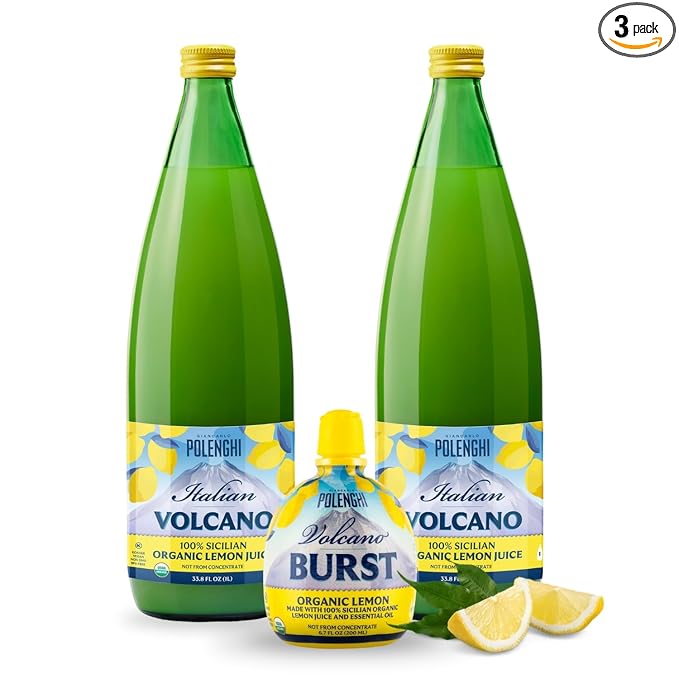 Italian Volcano Organic Lemon Juice 33.8 Ounces - 2 Pack Bundled Kit - Certified Organic - Each Bottle Contains 40 Fresh Lemons (2 Bottles + 1 Burst)