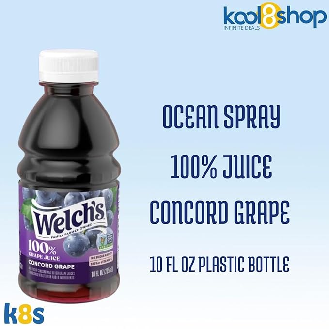 Welch’s 100% Concord Grape Juice Drink 10 fl oz Plastic Bottle 24 Pack + 2 Reusable Snack Bags by KOOL8SHOP Infinite Deals