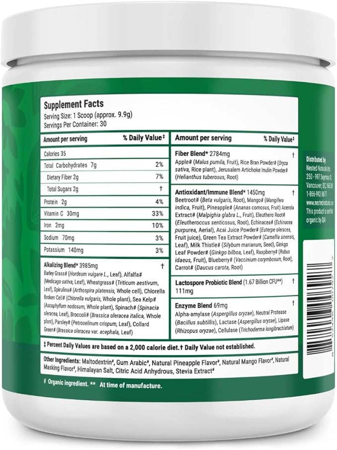 Nested Naturals Super Greens Daily Superfood Powder - Certified USDA Organic Green Powder w/Whole Foods Spirulina Wheat &amp Barley Grass - Probiotics Fiber &amp Enzymes - Pineapple Mango 30 Ser