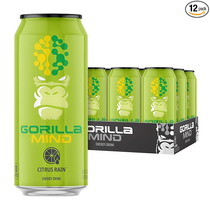 Gorilla Mind Energy Drink | Unmatched Energy · Amplified Focus | N-Acetyl-L-Tyrosine Alpha-GPC 200mg Caffeine Uridine Saffron | 0 Sugar Or Artificial Colors | 16oz 12-Pack (Citrus Rain)