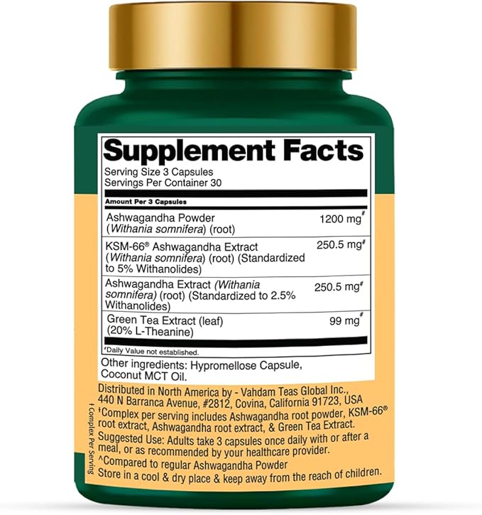 VAHDAM Ashwagandha Supplement 1800mg with Ashwagandha Root Extract and L-Theanine | Support Stress Relief Mood and Sleep | 90 Capsules