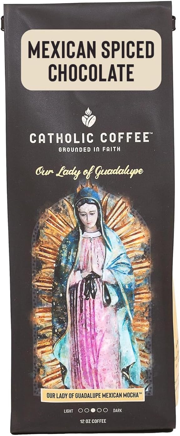 Catholic Coffee Our Lady of Guadalupe Mexican Spiced Chocolate Medium Roast Ground Coffee &amp Tumbler Gift Set – 12oz Bag Christmas Gift for Coffee Lovers Catholic Holiday Box