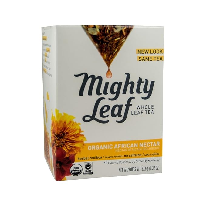 Mighty Leaf Whole Leaf Tea Organic African Nectar 45 Tea Bags (Pack of 3 15CT each) Individual Pyramid-Style Tea Sachets of Uncaffeinated Organic Rooibos Tea Delicious Hot or Iced