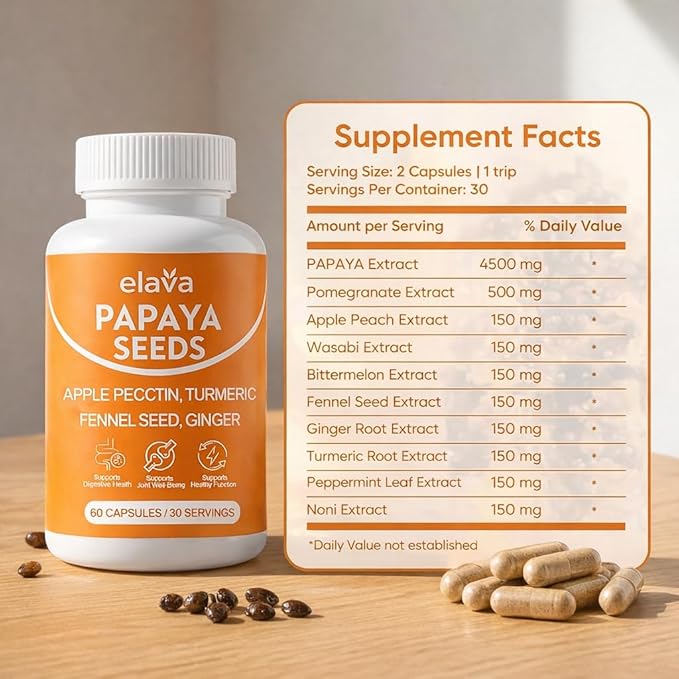 Elava Papaya Seeds Capsules Papaya Seeds Organic Digestive Herbal Blend with Turmeric Ginger Peppermint &amp Fennel Non-GMO Gluten &amp Lactose Free 60 Capsules