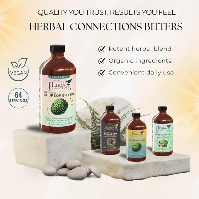 Soursop Bitters Liquid 32 Ounces - 64 Servings - 20 Herb Formula with Soursop Moringa Sea Moss Turmeric Ginger &amp Cayenne | Gut Health Natural Cleanse &amp Daily Wellness | Vegan &amp Organi