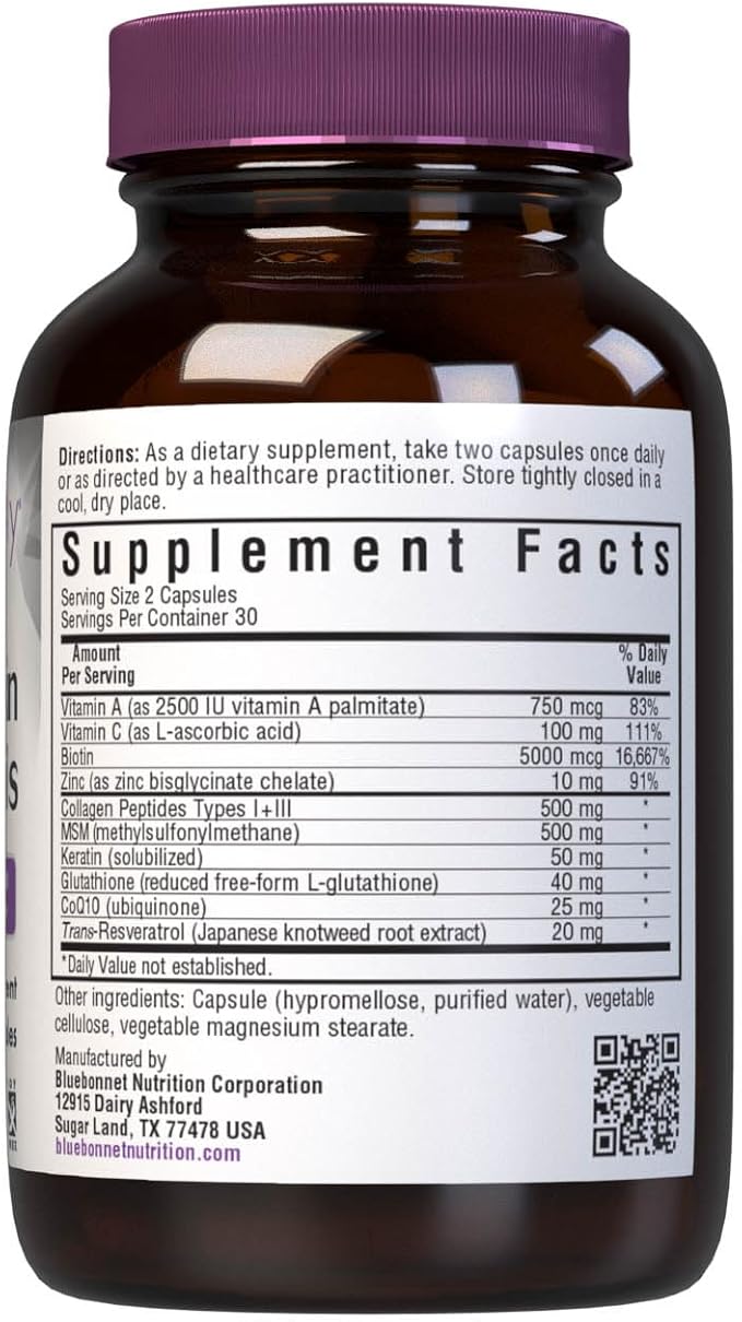Bluebonnet Nutrition Beautiful Ally Hair Skin &amp Nails Hydrolyzed Collagen from Grass Fed Cows Collagen Peptides Type 1 &amp 3 Non GMO Gluten Free Soy Free Milk Free Kosher 60 Vegetable C
