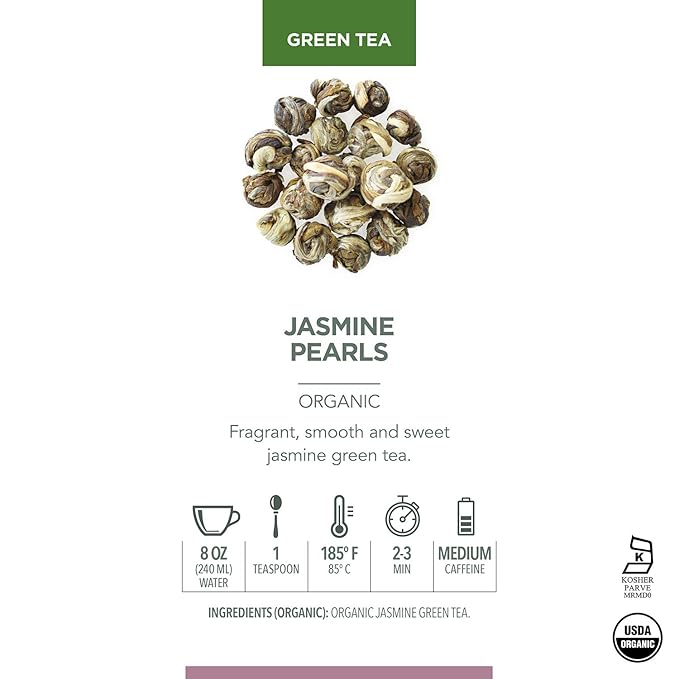 Teabloom Organic Green Tea Jasmine Pearls Loose Leaf Tea Captivating and Aromatic Jasmine Tea USDA Certified Organic and Kosher 5.29 oz/150 g Canister Makes 90-120 Cups