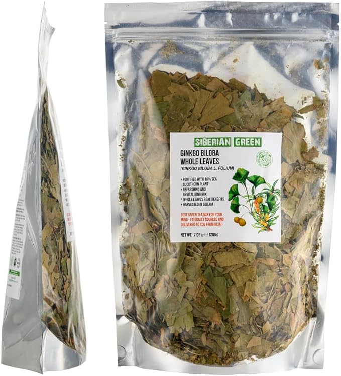 Siberian Green Ginkgo Biloba Cut and Sifted Loose Leaves 200g (7.06 oz) Tea with Sea Buckthorn Leaves