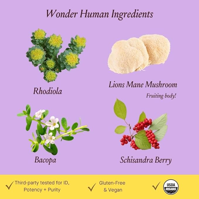 Urban Moonshine Wonder Human - Herbal Supplement for Focus Energy &amp Stress Support - Brain Support with Rhodiola Bacopa &amp Lion’s Mane - Certified Organic Gluten-Free &amp Vegan - 30 Capsul