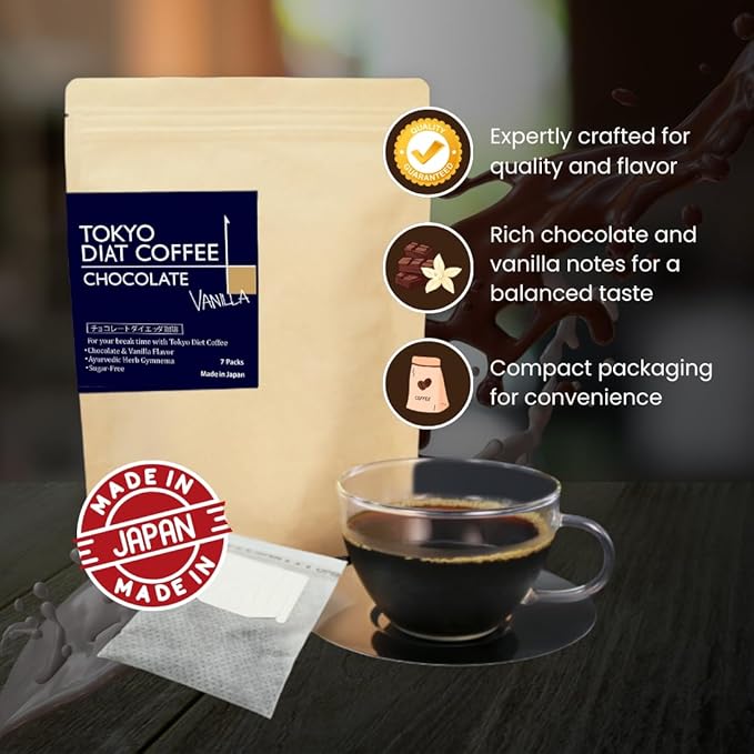 SHO Tokyo Diet Coffee - 4 Flavors (Cinnamon Caramel Chocolate Raspberry Chocolate Vanilla Herbal Blend) Single Serve Pour Over Japanese Coffee 28 Drip Bags for Wieght Loss and Sugar Free