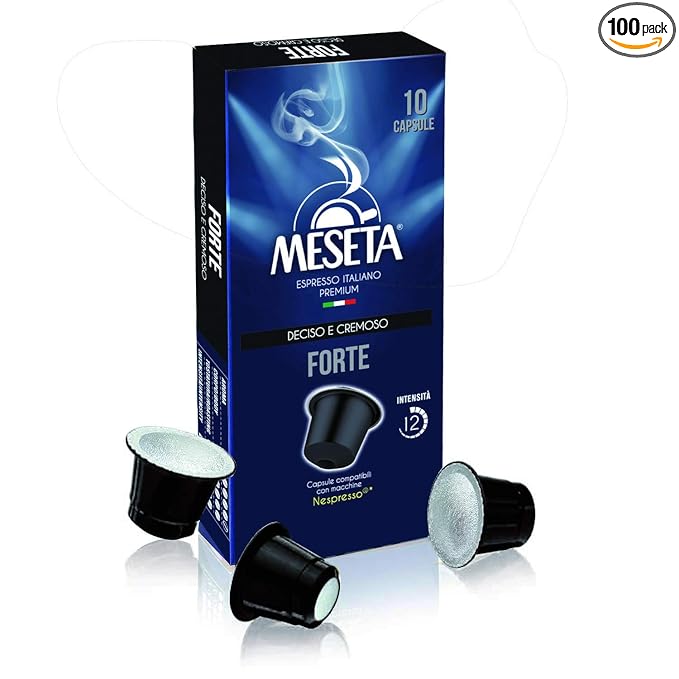 100 Meseta Forte Nespresso Compatible (Original Line) Capsules Italian Gourmet coffee the perfect choice for the lovers of strong coffee and for those who want to enjoy a creamy espresso Intensity 11
