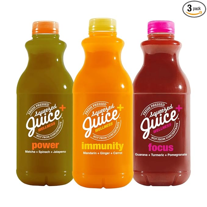 Squeezed Juice Functional MIXED BOX - 32 FL OZ Multi-Serve Bottles 3 Pack: 1 each of Power Immunity &amp Focus - 100% Juice