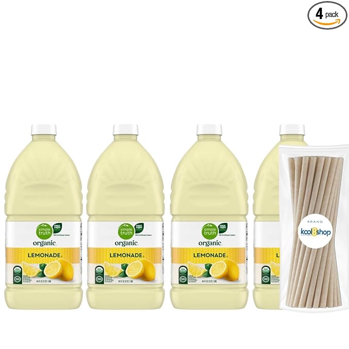 Simple Truth Organic Lemonade Fruit Juice 64 fl oz Plastic Bottles 4 Pack + 15 Sugarcane Disposable Straws by KOOL8SHOP Infinite Deals