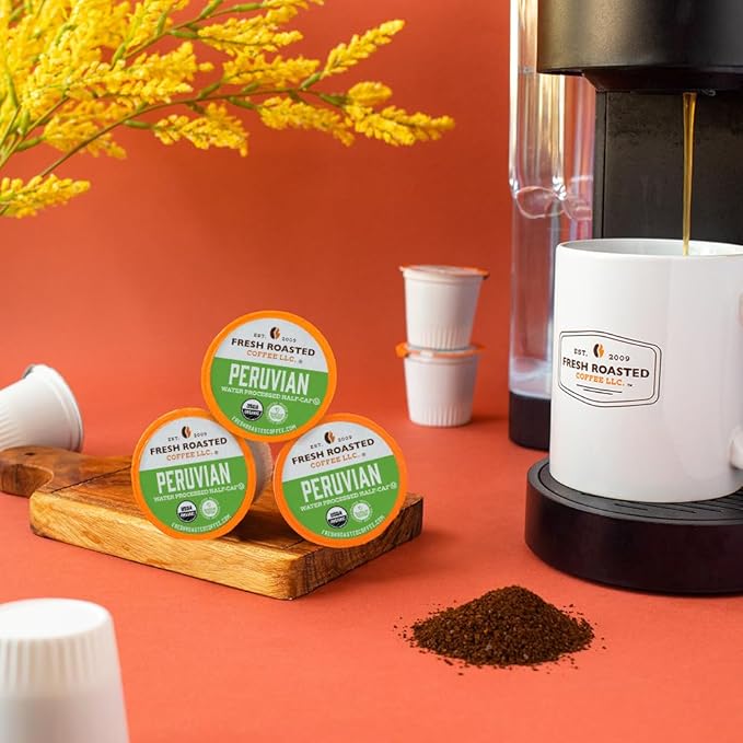 Fresh Roasted Coffee USDA Organic Peru Water-Processed Half-Caf | 3rd Party Tested for Pesticides Mold Mycotoxins Kosher | 100% Arabica Specialty Grade Med Roast 72 Pods for K Cup Brewers