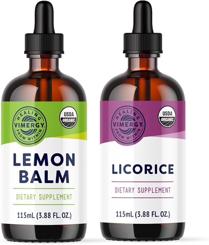 Vimergy GLP-1 Companion Kit* – Lemon Balm (115ml) + Licorice (115ml) – Digestive + Stress Support – Organic Vegan Kosher – Fast-Absorbing Liquid Extracts – Herbal Tea Companion for GLP-1 Users