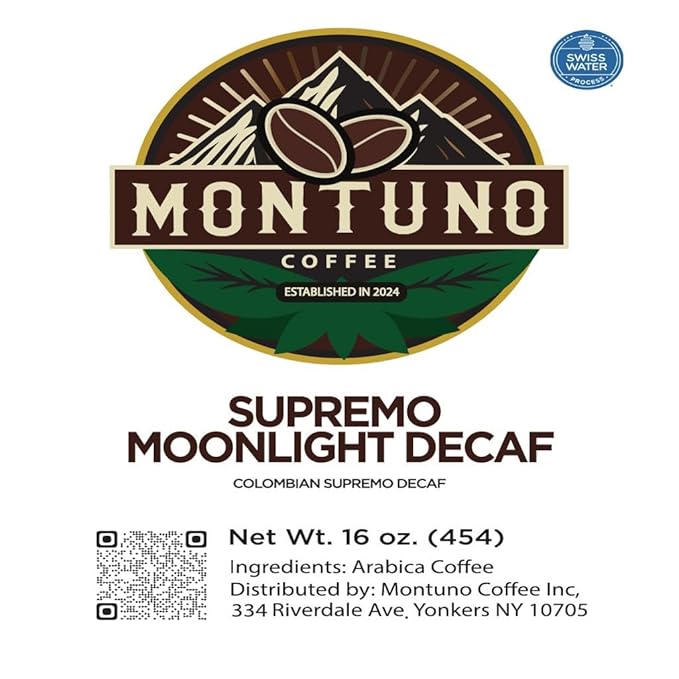 Montuno Supremo Moonlight Colombian Decaf Coffee 100% Arabica Beans Medium Roast 1 Lb (Ground)
